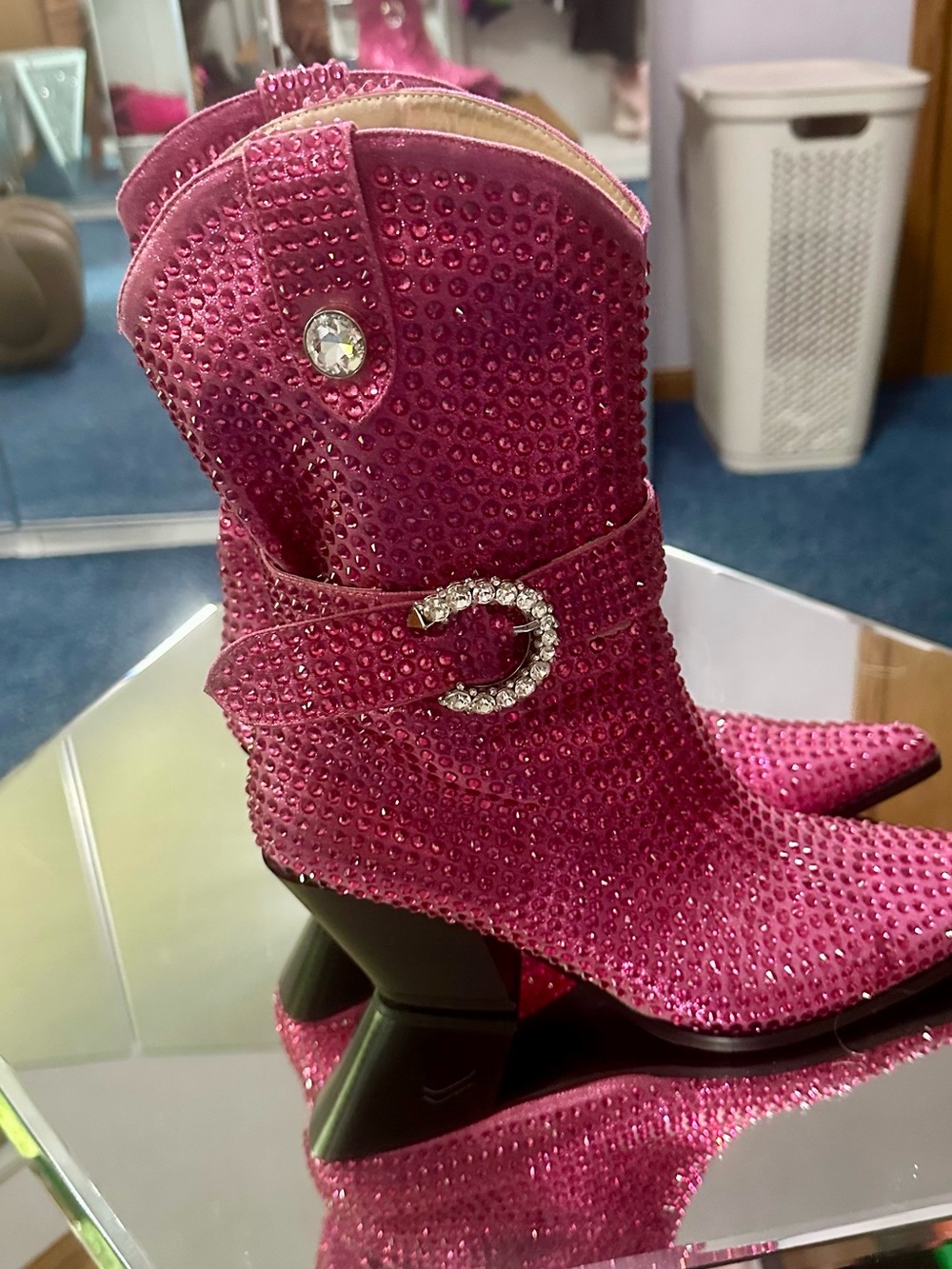 Sparkling Pink Rhinestone Western Heeled Booties 11